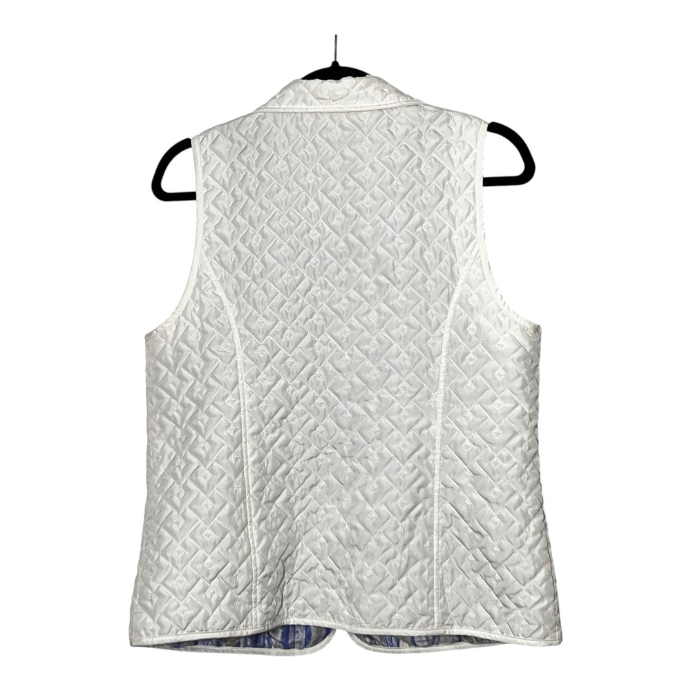 Chicos White Quilted Zip Front Vest Size 1 Medium Geometric Embroidered Lined - Picture 2 of 8